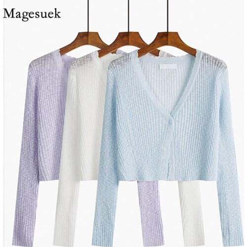 Sweet 2021 Summer New Solid V-neck Knitted Cardigan Coat Blouse Gentle Wind Long Sleeve Short Top Cardigan Women Shirt 15845