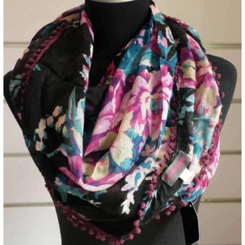 Women Viscose Floral Pompon Trim Square Scarf Women Cotton Shawls Scarf Retail