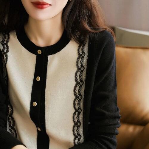 Women knitting cardigan coat 2021 brim joker in the spring and autumn lace long sleeve blouse