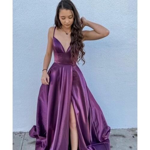 Sexy V-Neck Spaghetti Purple Satin Evening Dresses with Slit Long Criss Cross Back Sweep Train Robes de Soirée for Women