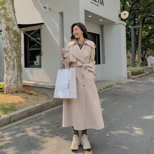 Winter 2020 Korean Hand Sewn High End Women Loose Black Loose Plus Size Lacing Belt Double Sided 100% Wool Coat Woolen Overcoat