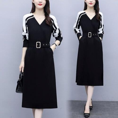 Office lady V-neck long-sleeved stitching belt temperament dress fashion Vestidos elegant midi dress