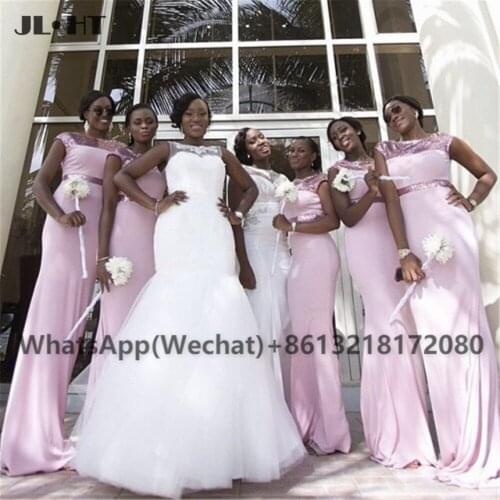 Blush Pink Mermaid Nigeria Bridesmaid Dresses Long African Black Girls Maid of Honor Cap Sleeves Wedding Party Bridesmaid Dress