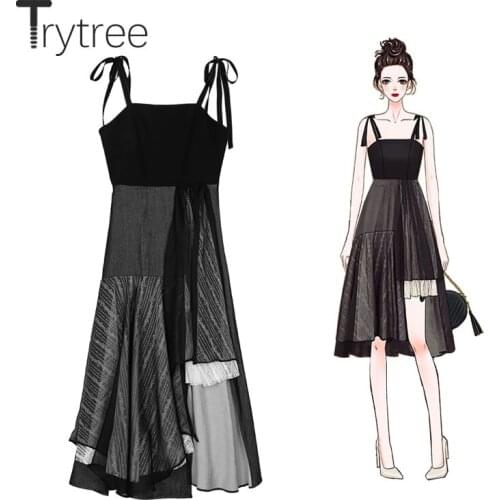 Trytree 2021 Summer Womens Dress Casual Bow Camisole Patchwork Lace Irregular Hem High Street Knee-Length A-line Black Dress