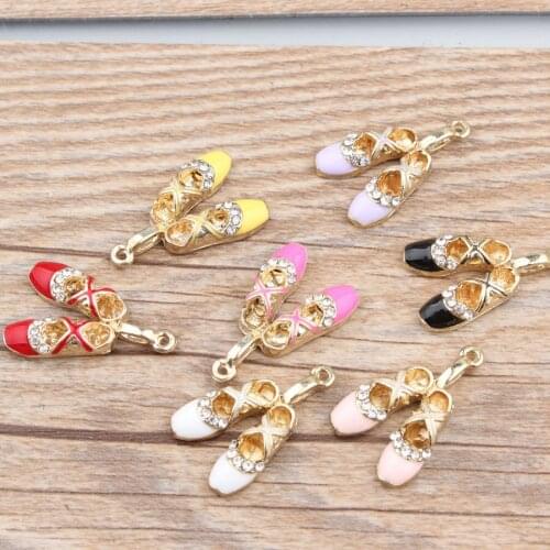 10pcs 17*27mm DIY Jewelry Accessories Gold-color Alloy Enamel Rhinestone Ballet shoes Charms Pendant For Bracelet