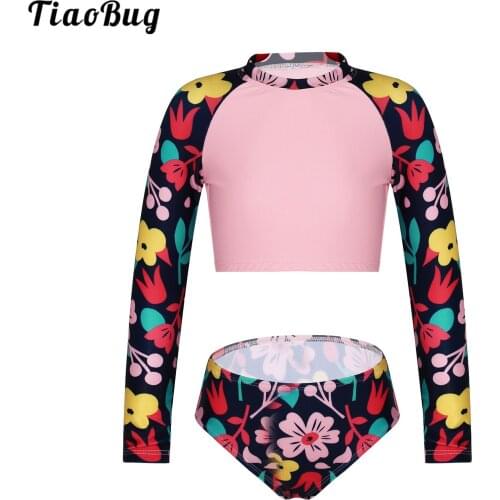 TiaoBug 2Pcs Kids Girls Summer Floral Print Round Neck Long Sleeves Swimsuit Cropped Top And Briefs Tankini Sets Beach Swimwear
