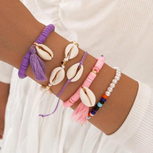 Colorful Tassel Beads Shell Charms Bracelet Set for Women Rubber Beaded Bracelet Handmade Seashell DIY Summer Beach Jewelry Gift