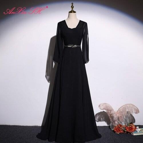 AnXin SH princess black chiffon evening Dress vintage party stage sweetheart long sleeve a line evening dress little black dress