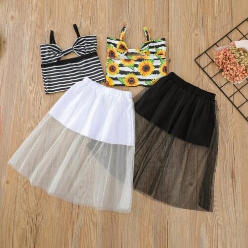 OPPERIAYA 2Pieces Kids Casual Set Baby Girl Striped Sunflower Print Sleeveless T-shirt Solid Color Skirt for Summer White Black