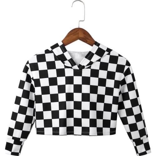 Kids Girls Crop Top Hoodie Autumn Casual Long Sleeve Plaid Streetwear Harajuku Pullover Child Hip hop Dance Pullover Sweatshirt