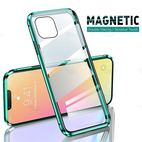 360° Double Sided Metal Magnetic Case For Apple iPhone 13 Pro Max Mini Tempered Glas Transparent Cover for iphone 13 series case