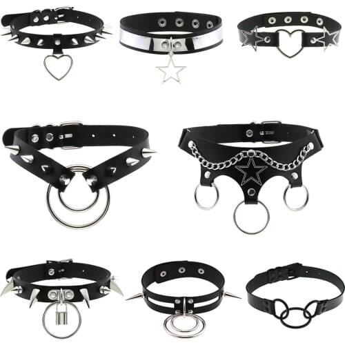Goth Punk Rock PU Leather Black Choker Necklaces Women Men Cosplay Festival Jewelry New Heart Lock Rivet Round Necklace