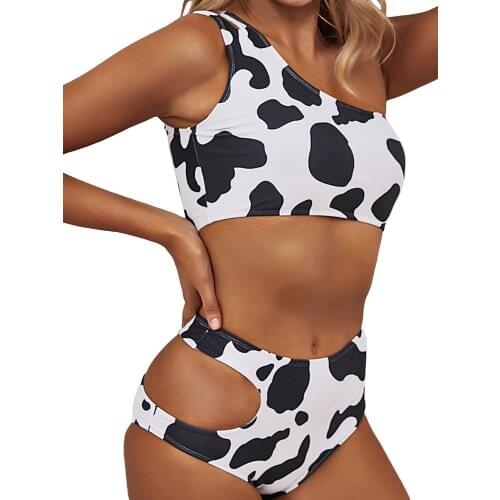 Hirigin Summer Ladies Split Swimwear Set Adults Women Cow Printing Sexy Sloping Shoulder High Waist Hollow Bikini Swimsuit