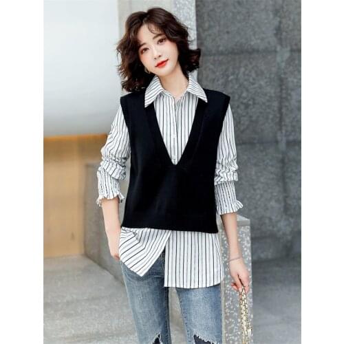 Fashion Vest Set Female Tops Casual Spring And Autumn 2021 New Korean Knit Vest And Stripe Long Sleeve Shirt Two Piece Set aq049