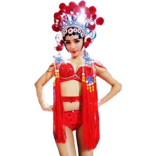 Opera Costumes Personality Bikini Sets Rhinestones Pearl Headwear Tassel Dance Show Wear Uniform Costumes Women Stage Outfit