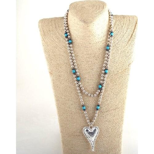 Md Fashion Bohemian Tribal Jewelry 6mm Metal Beads / Turq Long Knotted Metal Heart Pendant Necklace For Women Necklaces