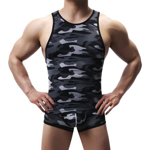 Men Tank Tops Lingerie Mesh Breathable Sleeveless Vest Sports Fitness Singlets Undershirts Camouflage Printed Sexy Gay Underwear