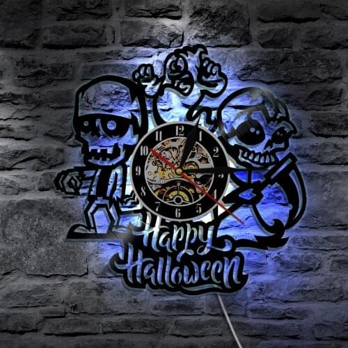 Happy Halloween Vinyl Record Wall Clock Skulls Led Lighting Wall Lamp Vintage LP Wall Art Home Decor Gift For Children