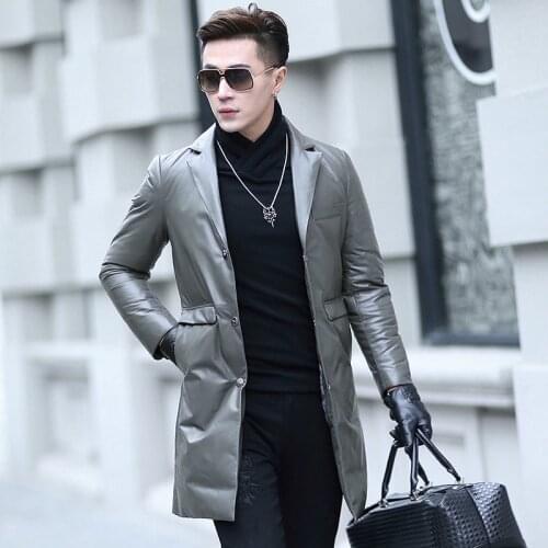 New Mens Leather Down Coat Male Long Suit Collar Slim Sheepskin Down Jacket Light, Thin and Warm Men Winter Leather Coats
