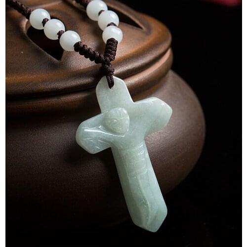 Wholesale Natural Emerald Jesus Cross Jade Pendant Beads Necklace Jewellery Fashion Hand-Carved Man Woman Luck Amulet Gifts NEW