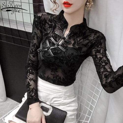 Autumn Vintage Long Sleeve Sexy Mesh Top Womens Mesh Retro Lace Bottoming Shirt Hollow Tight See Through Womans Shirts 11010