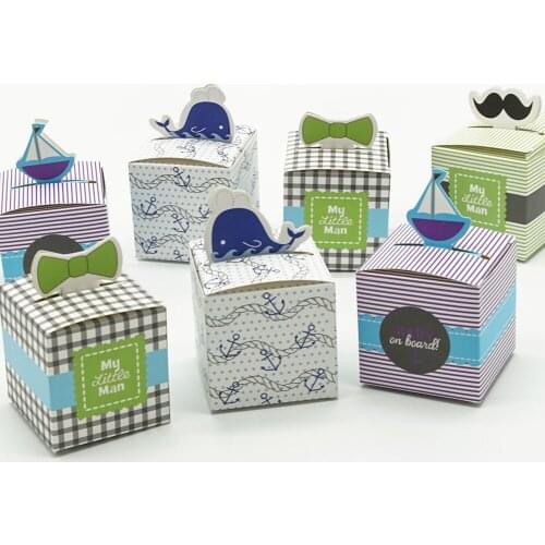 30pcs/lot Cube Gift box for Kids Baby Boy Birthday Party Supplies Paper Boat Tie Bow Little Man Candy Boxes Favors Packaging