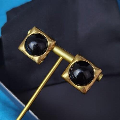Hot brand pop jewelry square stud black agate round gold rock stud European vintage brass luxury banquet jewelry girl gift new