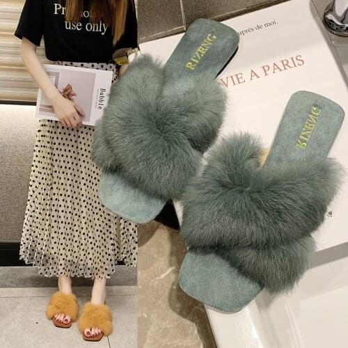 Sandals Women 2021 New Casual Flat Indoor Home Slippers Flat Ladies Luxury Fashion Female Home Fox Fur Flat Heel Slippers