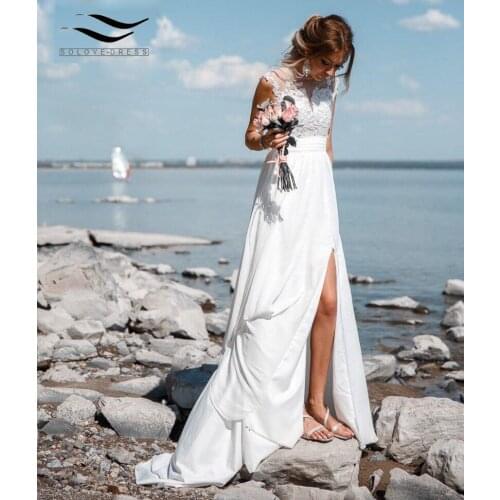 Solovedress Side Slit Sexy See Through V-Back Lace Applique Wedding Dress Tulle Real Photo Beach Bridal Gown SLD-W592