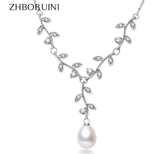 ZHBORUINI 2019 Pearl Necklace Natural Freshwater Pearl Choker Necklace Leaf Pendant 925 Sterling Silver Jewelry For Women Gift