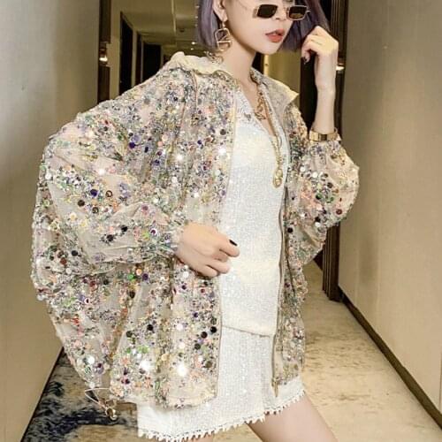 2021 New Spring Bling Sequined Jackets Female Long Sleeve Sequins Stitch Loose Sunscreen coat Women Coat Fashion Shiny Bar XC193