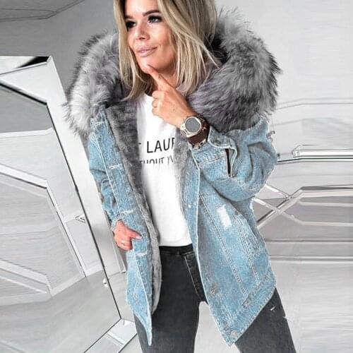 Women Winter Warm Denim Hooded Jacket Coat 2021 Retro Button Long Sleeve Pocket Jean Loose Outerwear Solid Hooded Top Oversized