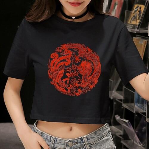 Red Dragon Printed White Women T-shirts Girl Casual Basic Chinese Style T Shirt Ladies Harajuku Punk Short Sleeve Crop T-shirt