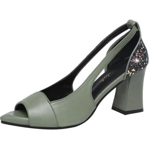 Women Sandals Summer Thick Heel Sequins Patent Leather Hollow-out Toe-exposed Sexy Shoes Fish Mouth High Heels for Women