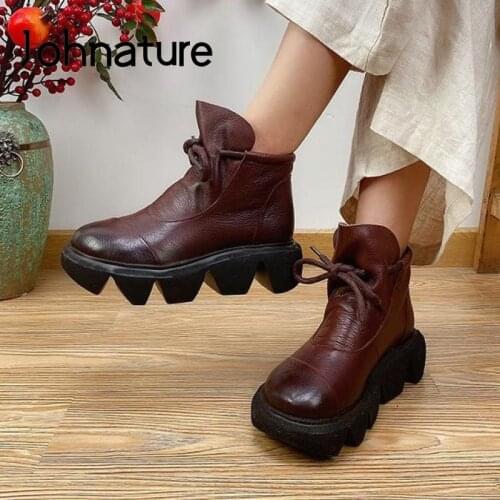 Johnature Winter Shoes Women Boots 2020 New Plush Genuine Leather Lace-Up Round Toe Handmade Concise Casual Ankle Platform Boots