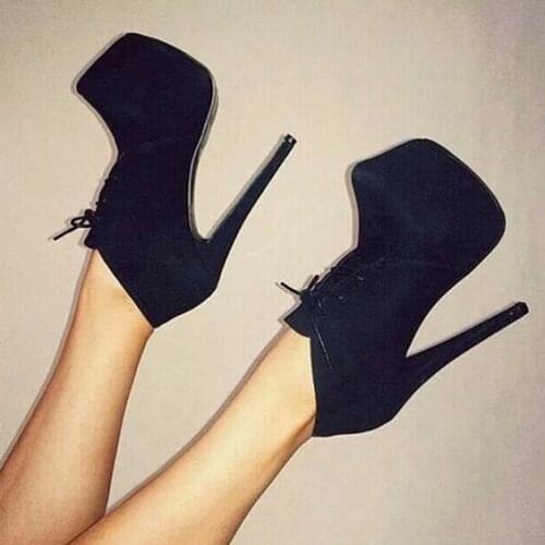 Moraima Snc Stylish Black Lace-Up Front Stiletto Heel Ankle Boots Woman Super High Platform Boots Riding Boots