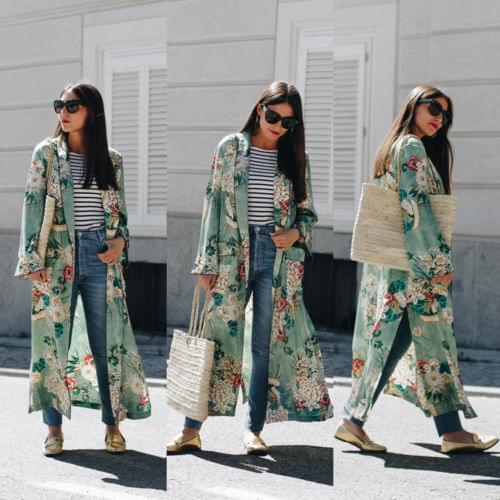 Women Loose Retro Silk Casual Kimono Flower Long Cardigan Tops Boho Autumn Winter Coat Jacket Blouses Long Sleeve Coat
