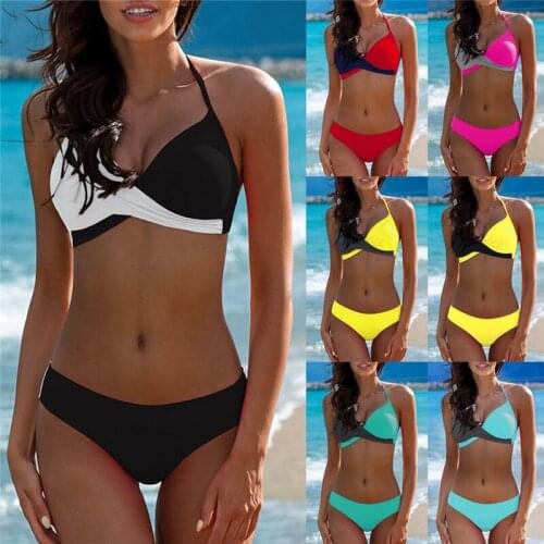 Women Bathing Suit Bikini Set Push-Up Bra Swimsuit Stitching Bikini Set Padded Push-Up Bra Bathing Suit Beachwear Thin Straps