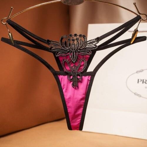 Women sexy bikini ice silk panties lovely 3D embroidery underwear girls contrast colors hollow thongs 2210