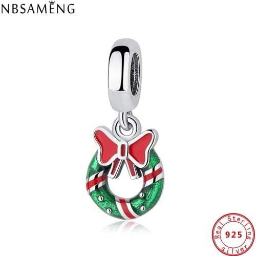 2020 100% Original 925 Sterling Silver CZ Charms Christmas Wreath Pendant Fit Bracelets DIY Women Christmas Gift Jewelry