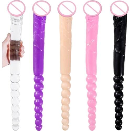 Anal Beads Plug with Realistic Penis Women Soft Jelly Long Soft Dildo Dual Double Penetration Butt Vaginal Lesbian Masturbation