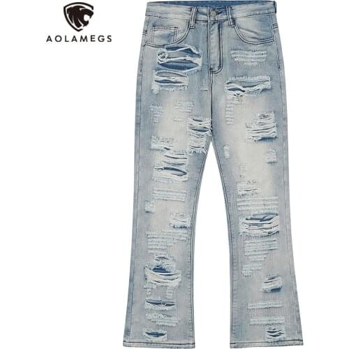 Aolamegs Jeans Men Tearing Hole Ripped Hip Hop Style Denim Pants Autumn Punk Hipster Harajuku Loose Jean Trousers Men Streetwear