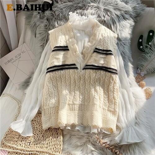 EBAIHUI V Neck Knitted Vest Sweater Sleeveless Women Striped Casual Pullover Black 2021 Autumn Winter Jumper Fashion