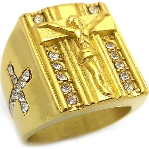 FDLK Classic Gold Color Luxury The Cross of Jesus Men Women Ring Rhinestones Hip Hop Banquet Rings Wholesale