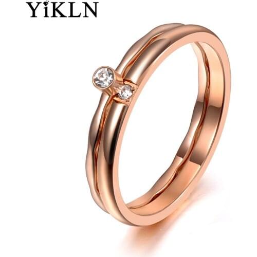 YiKLN Trendy Titanium Stainless Steel 2 In 1 CZ Crystal Ring Jewelry Rose Gold Wedding Engagement Rings For Women Girls YR19147