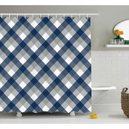 Navy Shower Curtain Abstract Checkered Tartan Geometric Classic Squares with Scottish Effects Bath Curtain For Bathroom