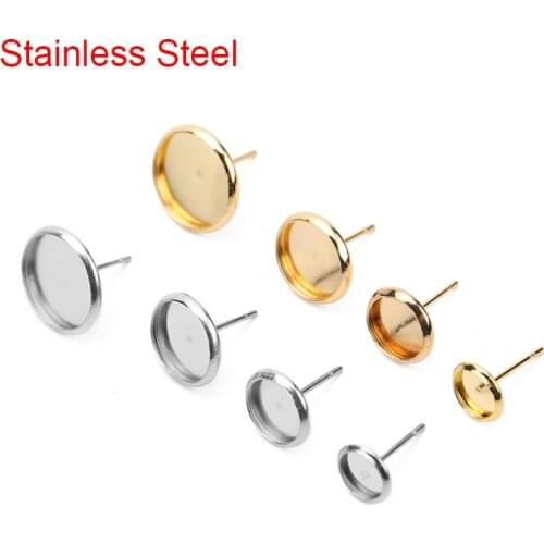 20pcs Hypoallergenic Stainless Steel Stud Earring Findings 6 8 10 12mm Cameo Glass Cabochon Base Settings For Diy Jewelry Making