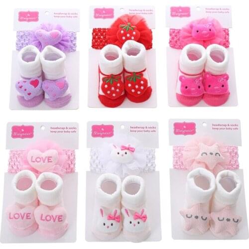 2pcs/set Baby Girls Headband + Socks Cute Bow Princess Mesh Baby Socks Cartoon Cute Doll Baby Socks Hair Band Set 0-12M