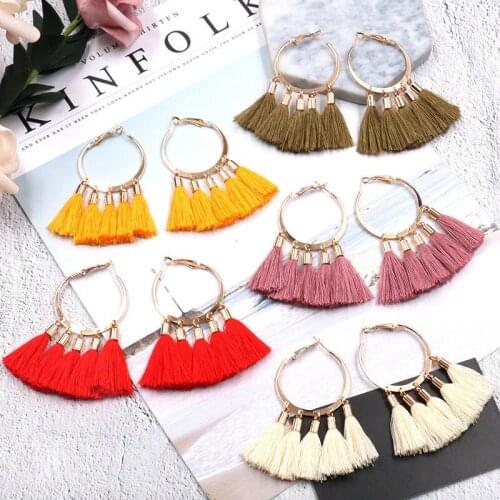 Fashion Thread Tassel Hoop Earrings for Women Colorful Cotton Thread Fringe Large Round Hoop Earrings Trend Jewelry