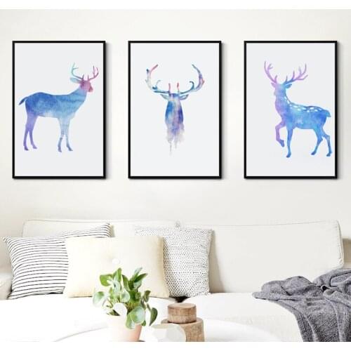Modern Minimalist Art Animal Poster Watercolor Blue Deer Canvas Painting Home Wall Art Decoration Wall Stickers Can Be Customize